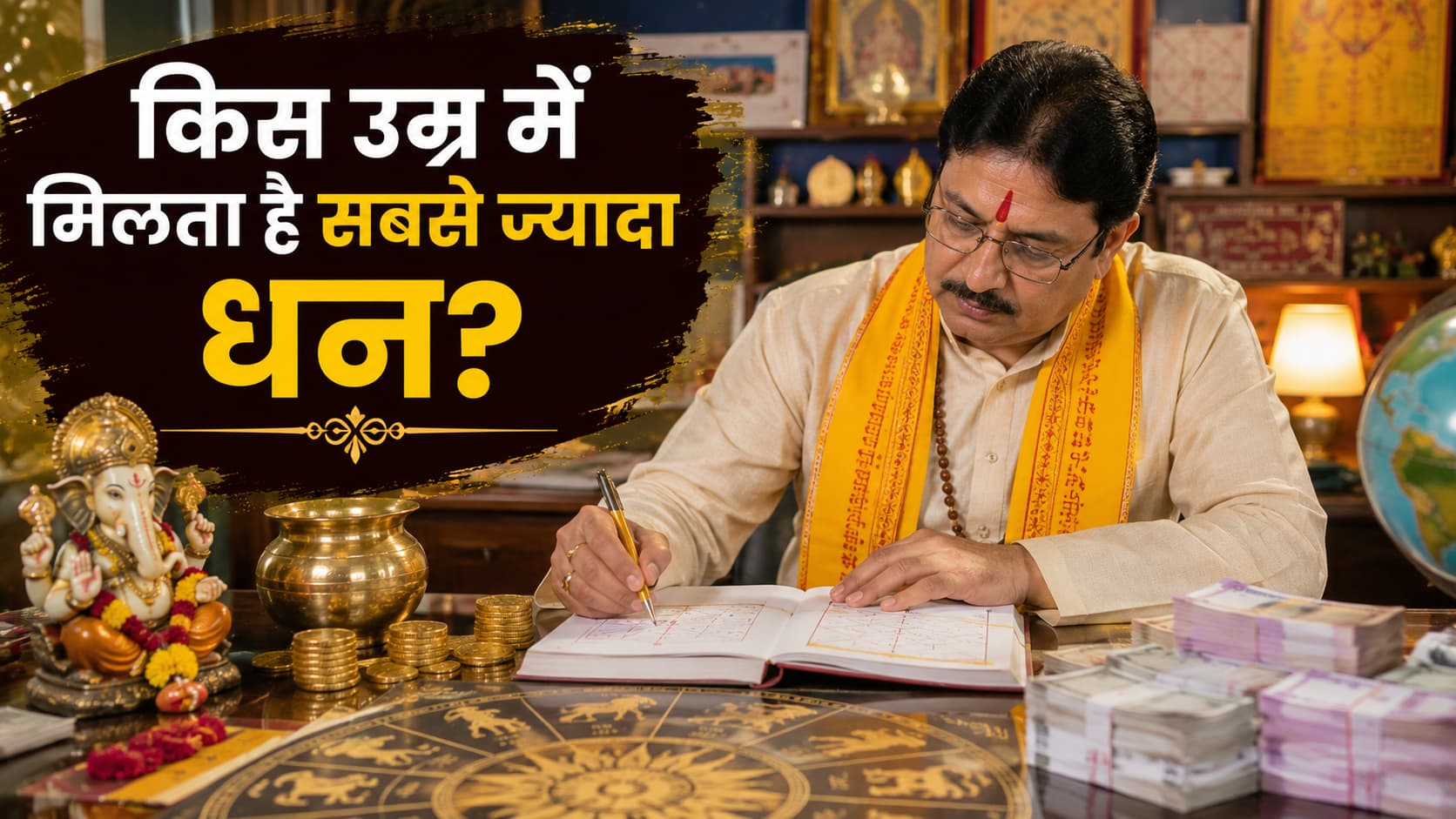 राशि के अनुसार धन प्राप्ति की उम्र दर्शाता ज्योतिष चक्र, धन के सिक्के, कलश और माता लक्ष्मी का प्रतीकात्मक दृश्य